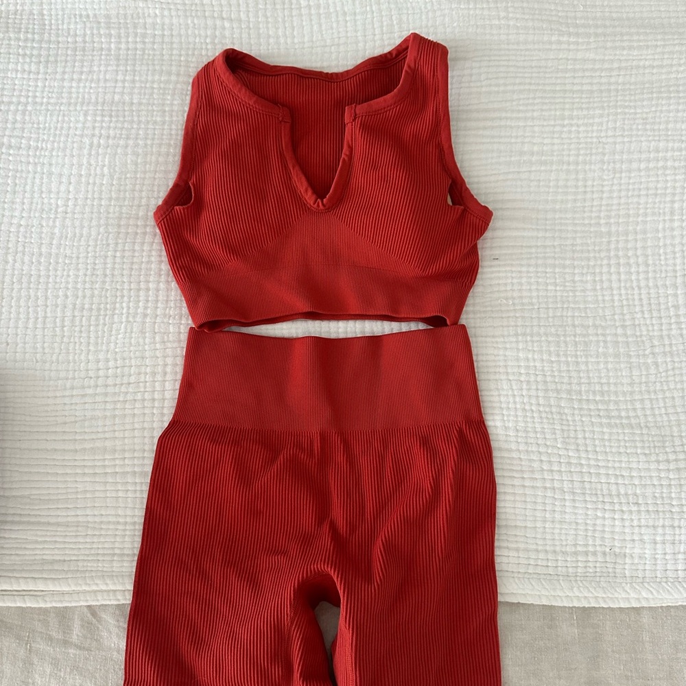 Red Ribbed Crop Top and Leggings Set